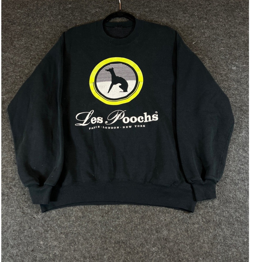 Vintage 90s Les Poochs Greyhound Graphic Sweatshirt Black Crewneck Mens XL